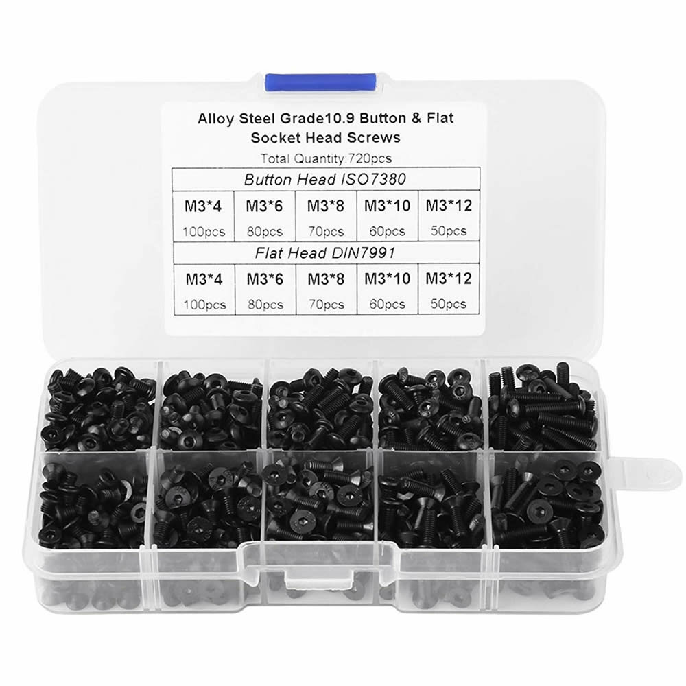 SKYBG1976476 - 720pcs M3 Carbon Steel Black Round Head Screw Countersunk Head Flat Head Bolt Set Hex Hexagon Socket Screw Assortment Kit